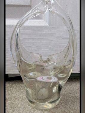 Vintage Clear Art Glass Hand Blown Basket with Handle Italy 8" tall 5" wide